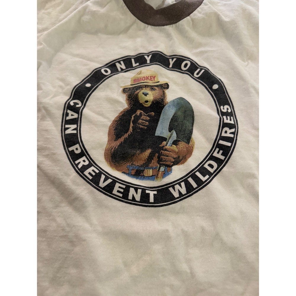 Vintage Smokey Bear Ringer Tee Bay Side Heavy Weight Mens Medium White Brown USA
